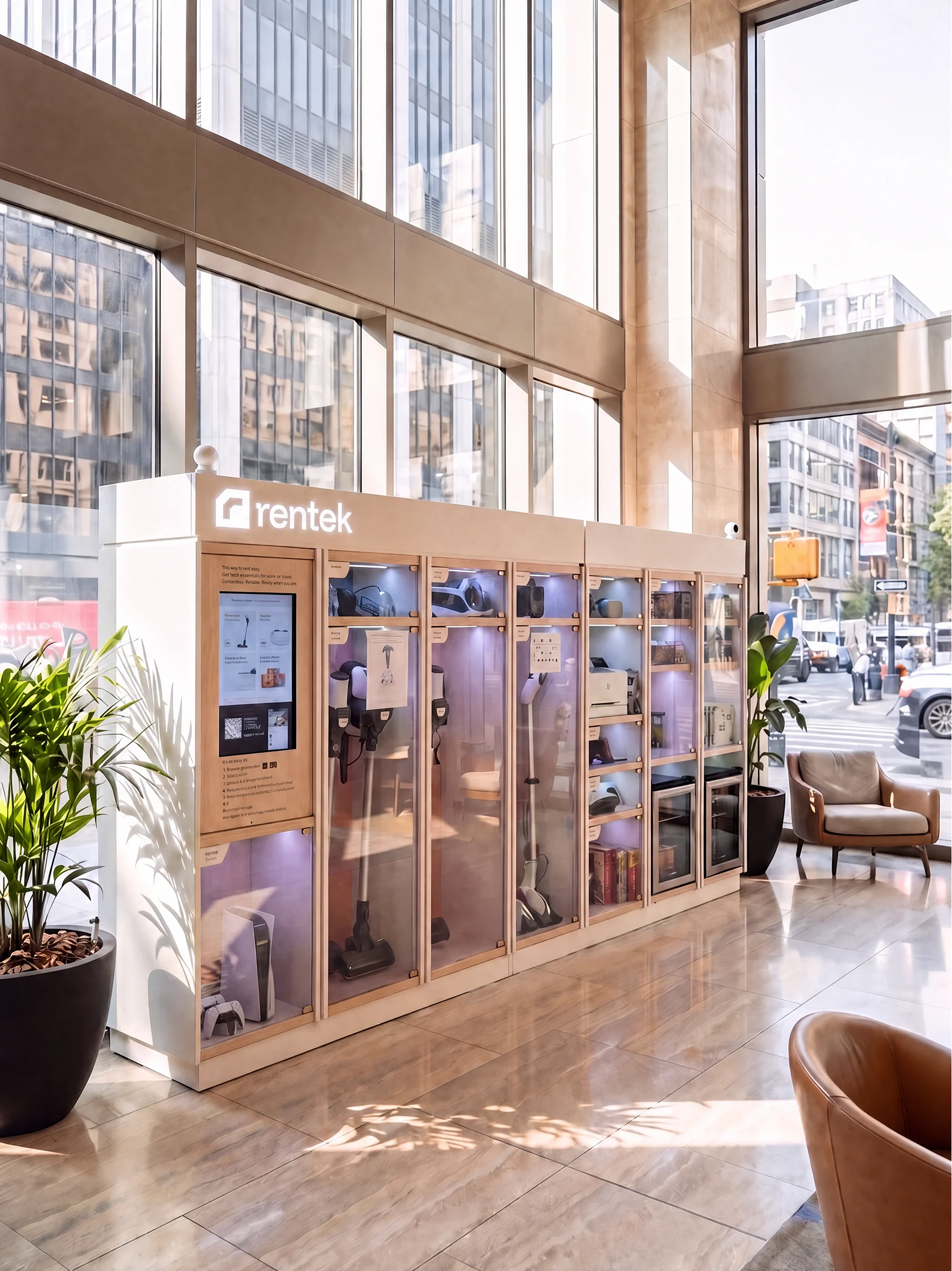 A Rentek smart rental hub in a residential building lobby