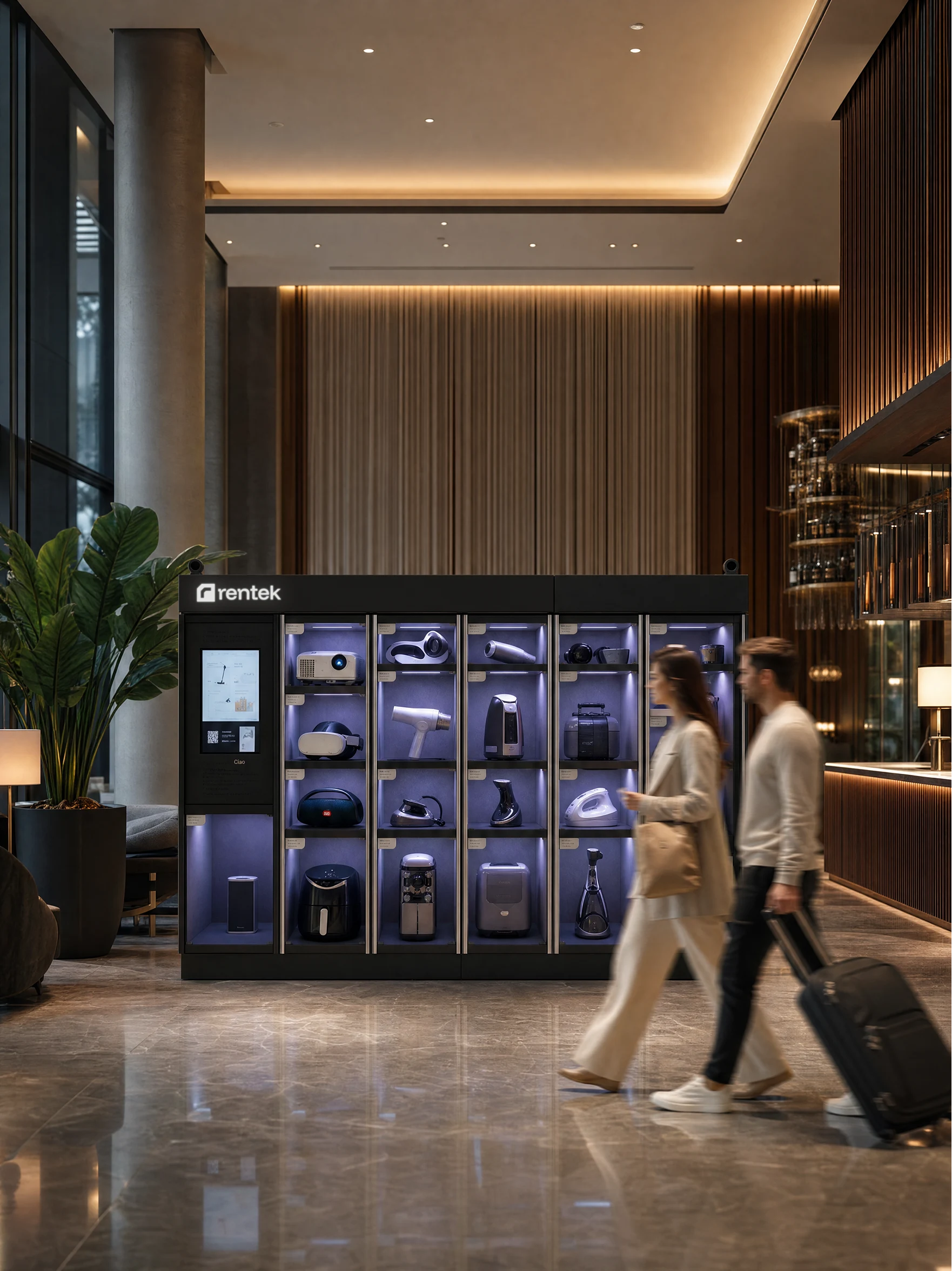 A Rentek smart rental hub in a hotel lobby