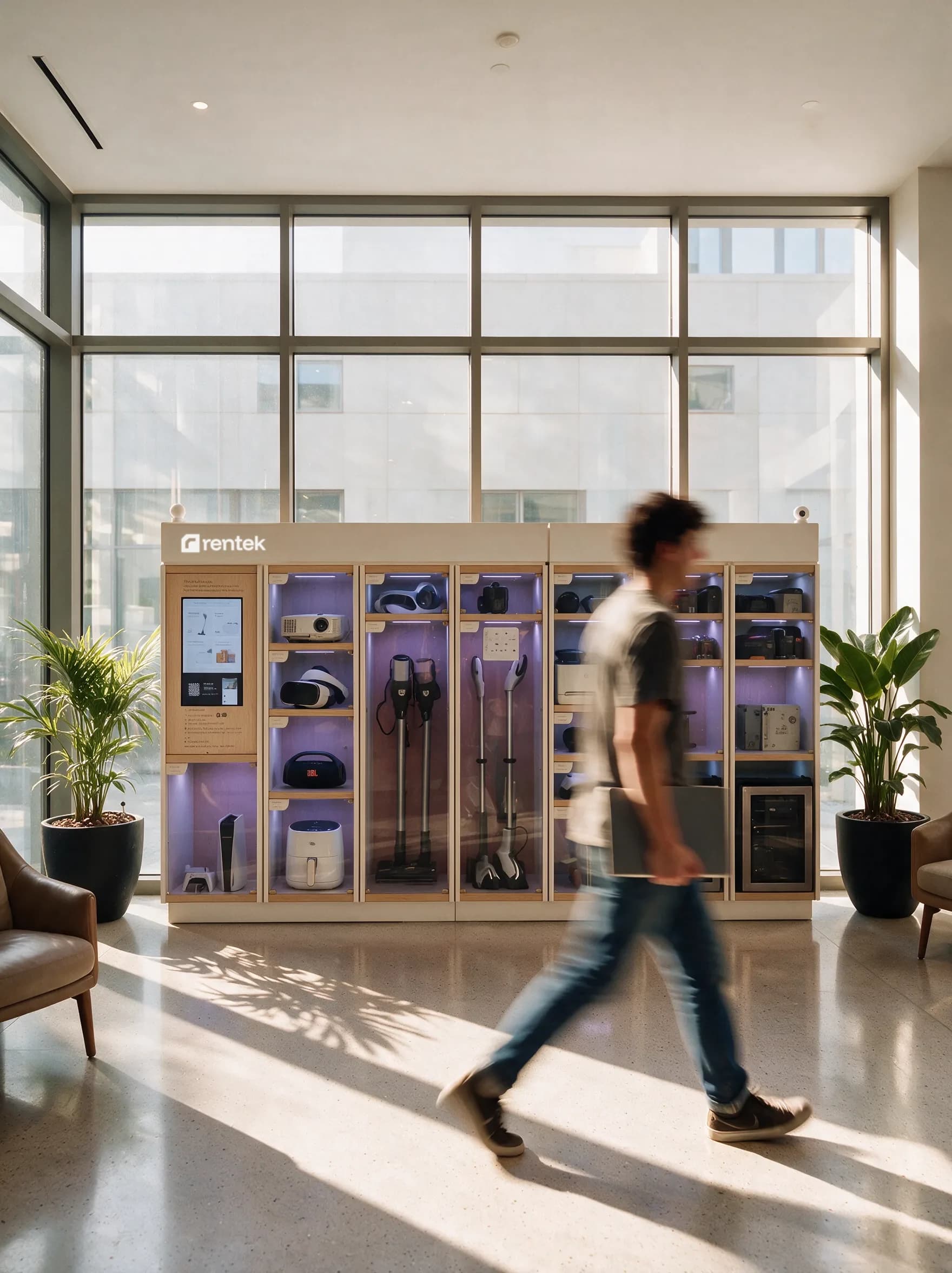 A resident collecting a device from a Rentek hub in student housing