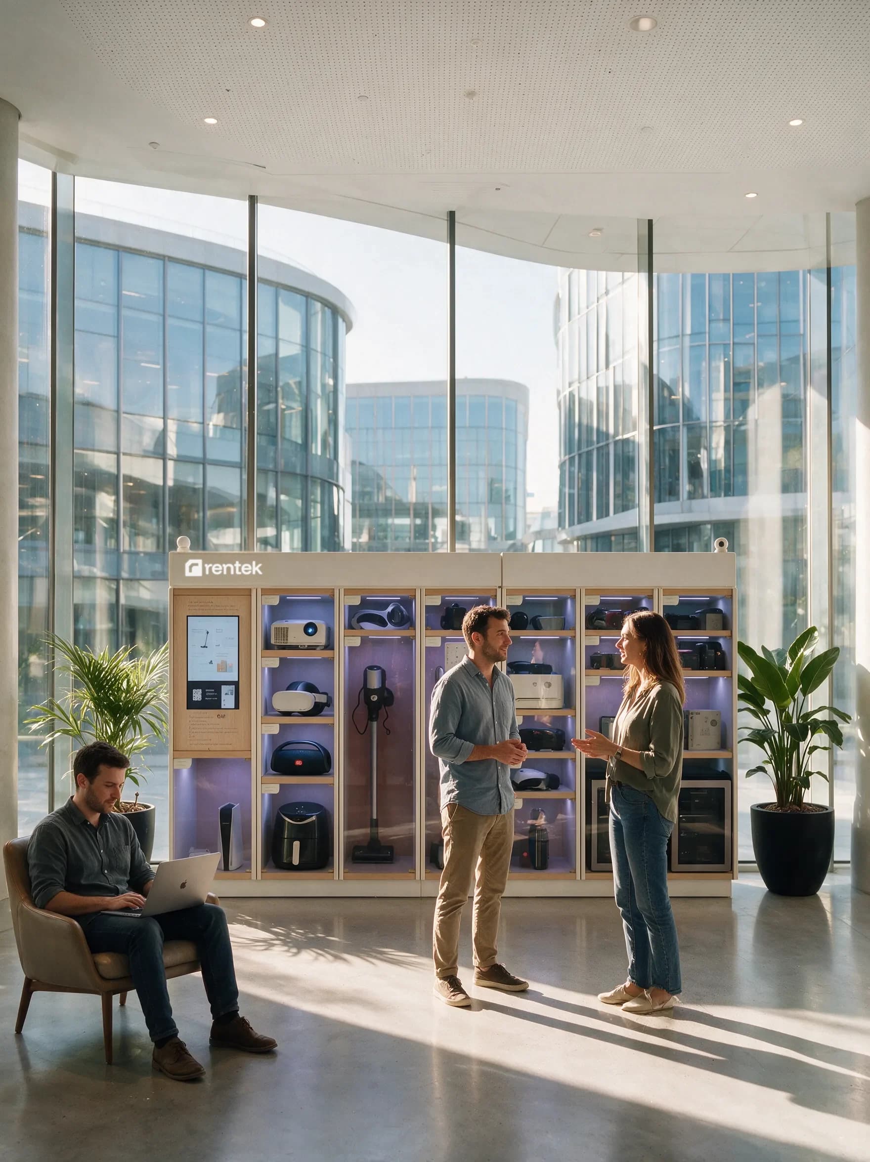 Colleagues using a Rentek rental hub in an office lobby